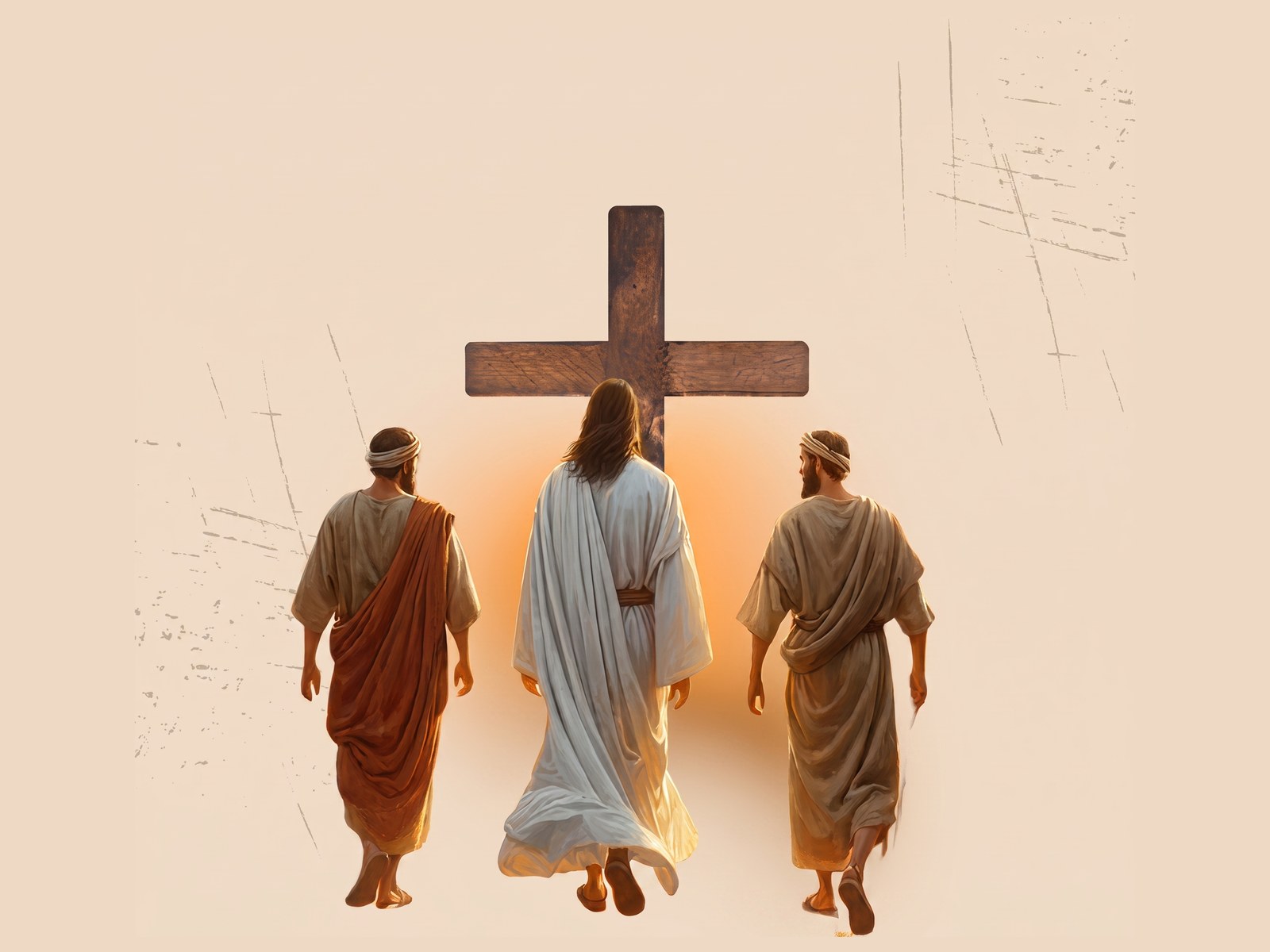 Los dos discípulos de Emaús caminando junto a Jesús hacia una cruz de madera.